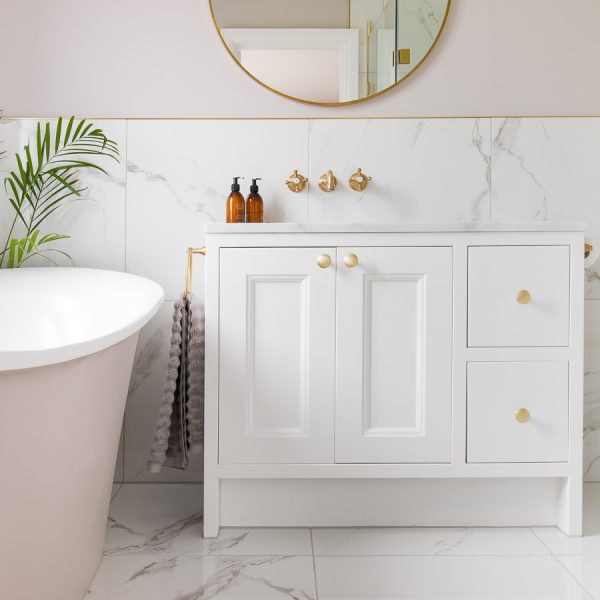 Interiors Photography for Bromley Bathroom Company-27 Square photo of white marble bathroom and vanity unit,