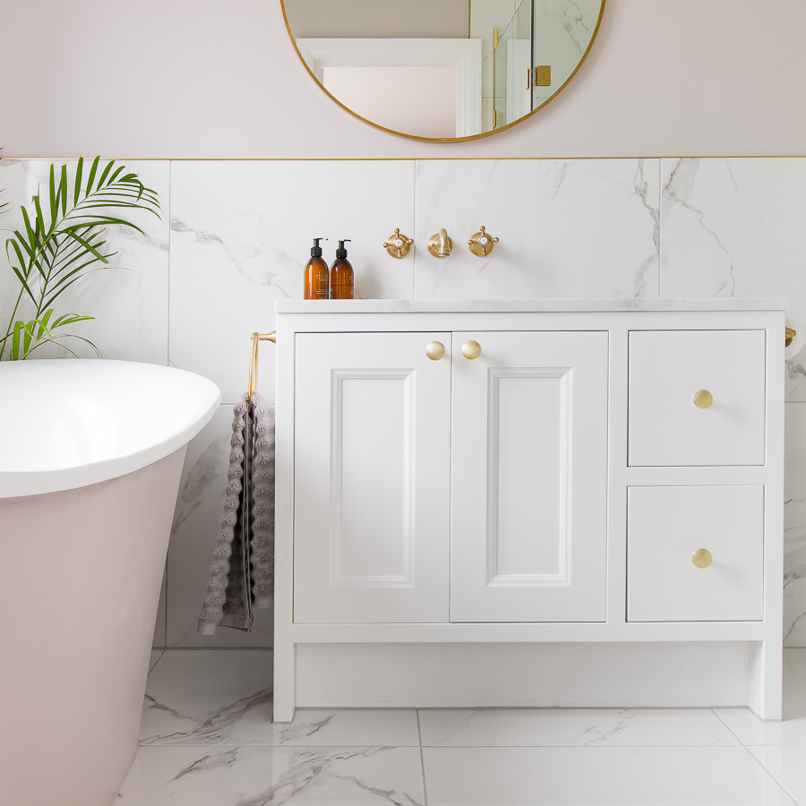 Interiors Photography for Bromley Bathroom Company-27 Square photo of white marble bathroom and vanity unit,
