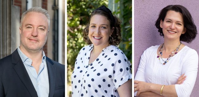 Three headshots with different backgrounds