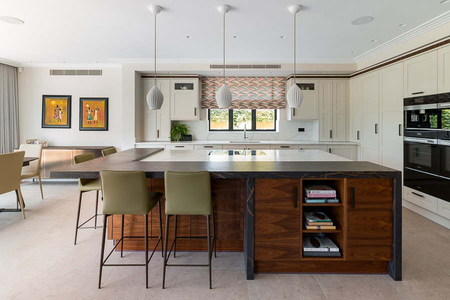 Kitchen photography for Anna Patten Design- Landscape photo of open plan kitchen, with dark wood island